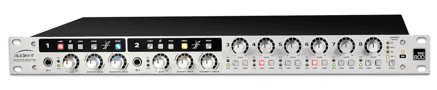 Audient ASP800 frontal: preamplificadores con canales HMX e IRON.