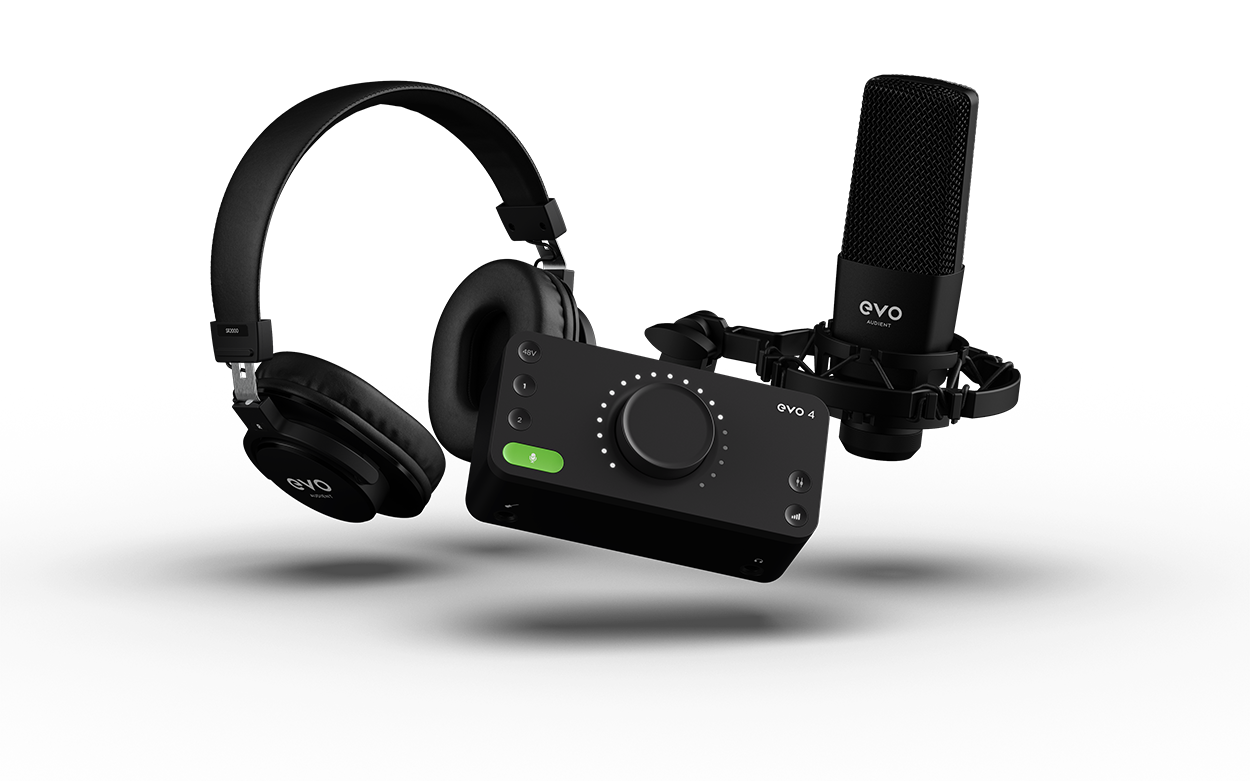 Audient EVO Start Recording Bundle: micrófono, interfaz EVO 4 y audífonos.