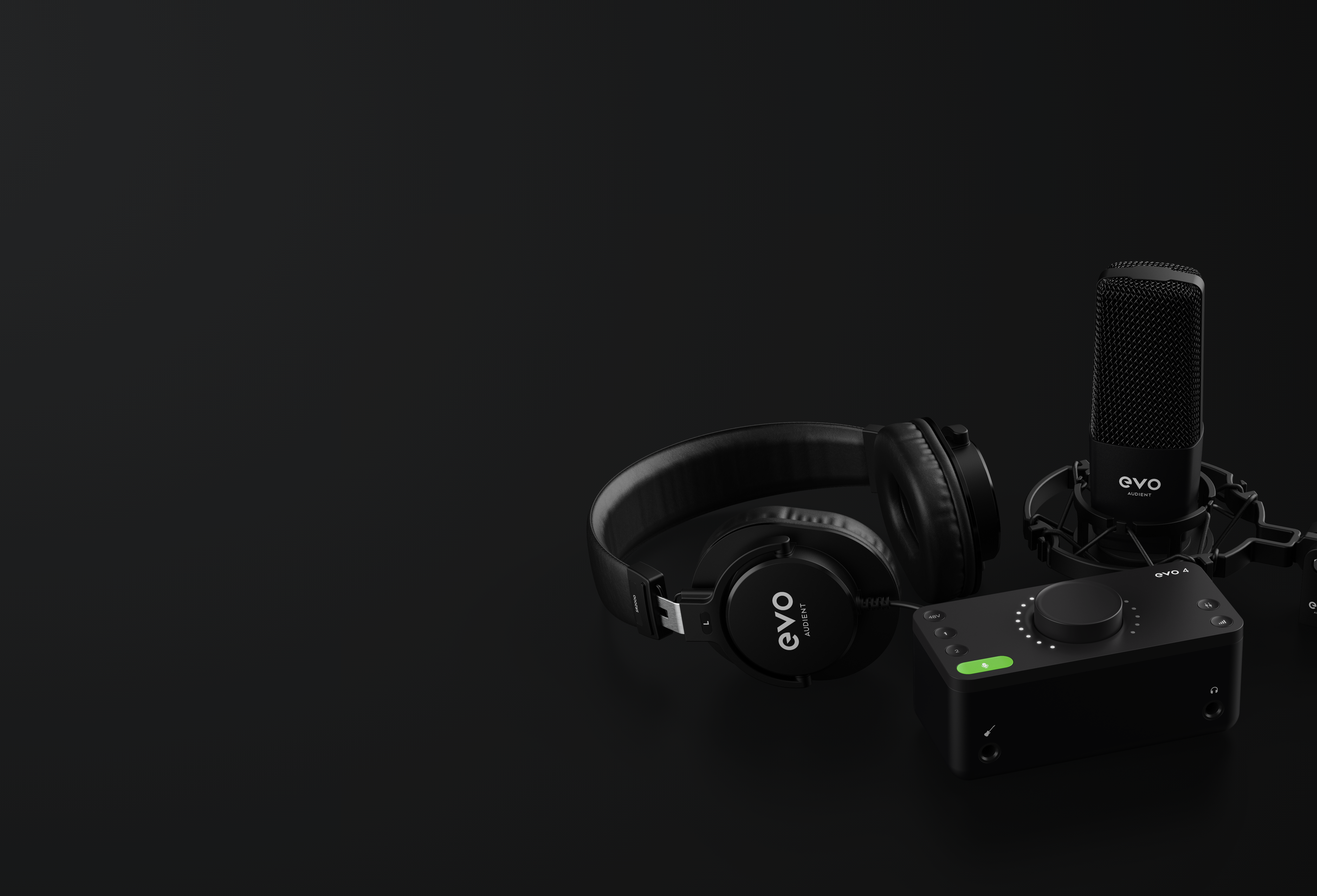 Contenido completo del bundle EVO: interfaz, micrófono, cable XLR y audífonos.