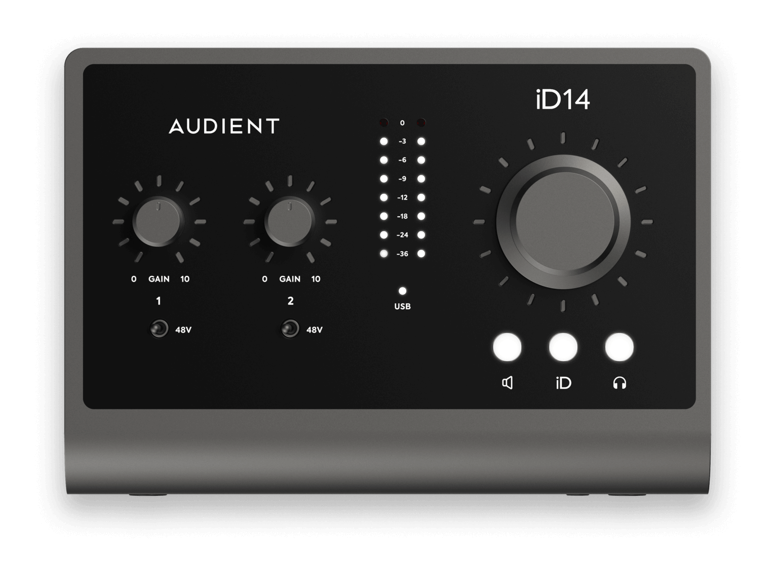 Audient iD14 junto a audífonos y monitores de estudio – configuración recomendada.