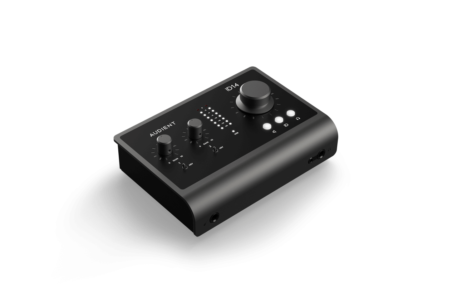 Interfaz de audio Audient iD14 vista frontal – conectores y perillas.