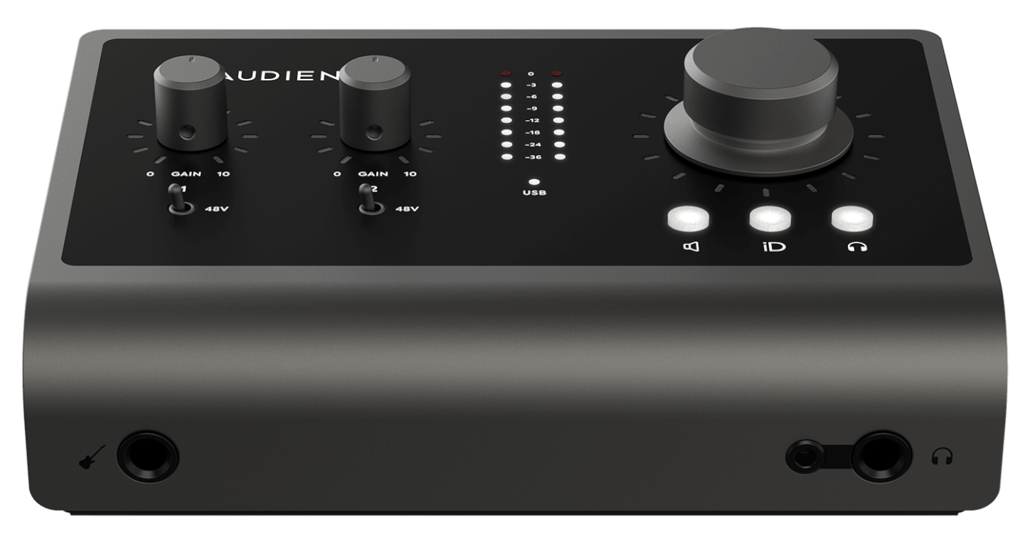 Detalle de los controles de volumen y ganancia de la Audient iD14.