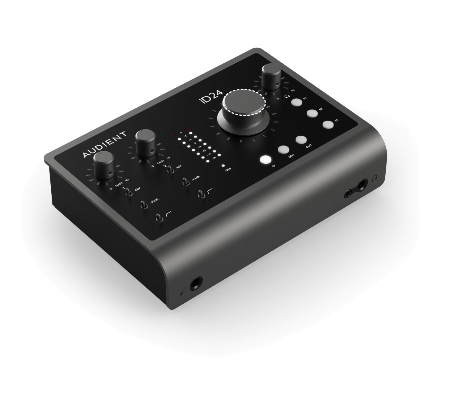 Interfaz Audient iD24 vista frontal, con conectores combo XLR.