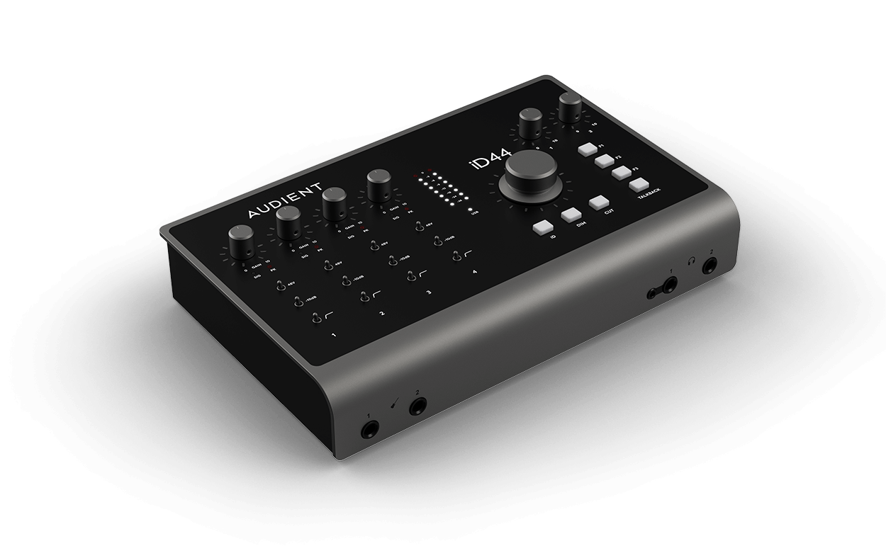 Interfaz Audient iD44 de alta gama – vista superior con todos los controles.
