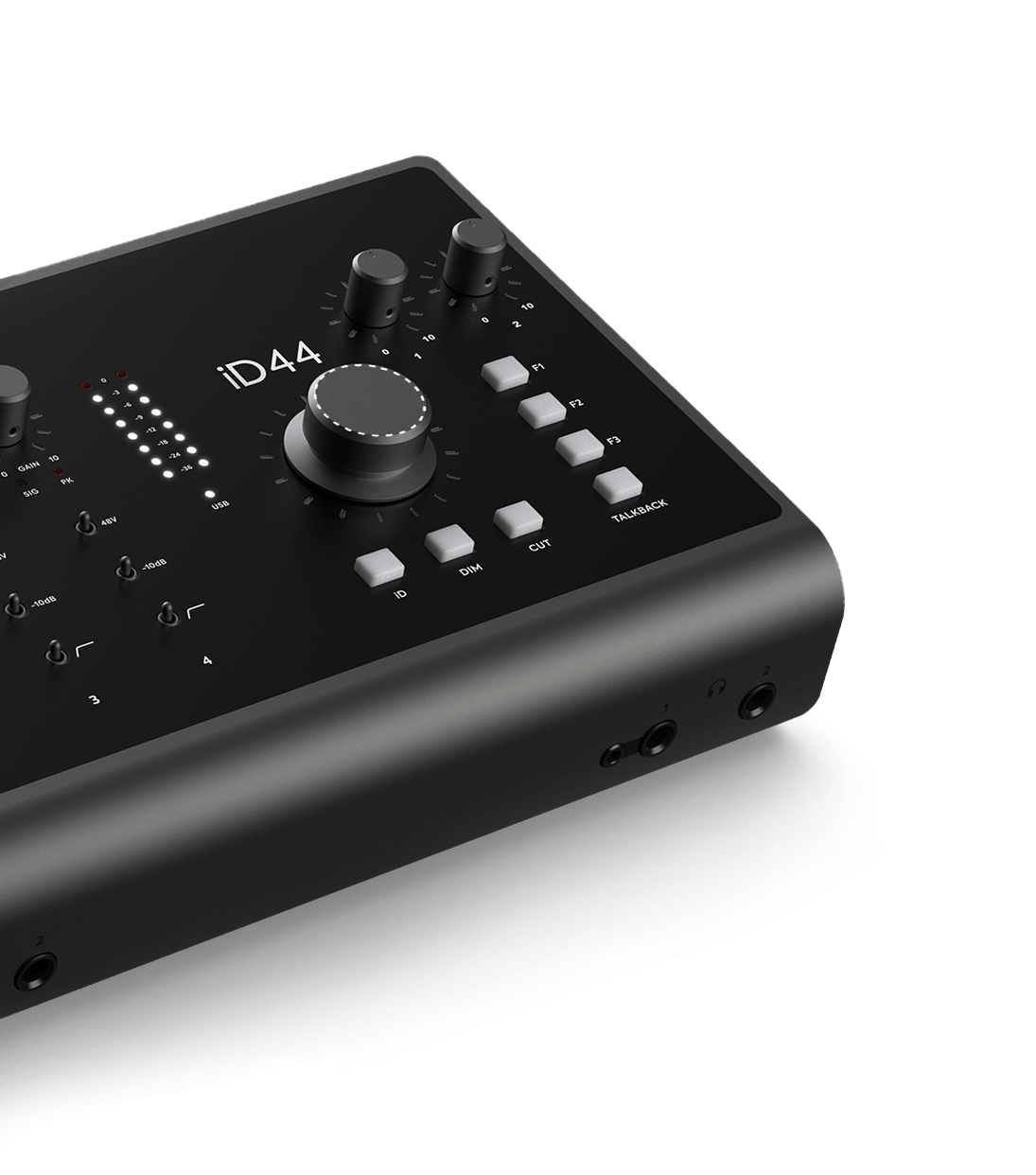 Vista lateral de la Audient iD44 mostrando robustez y calidad de construcción.