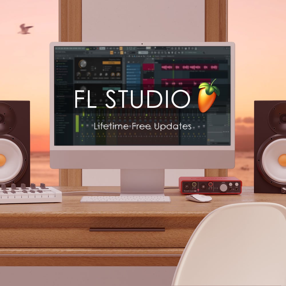 FL Studio 2026 en un estudio casero con monitores e interfaz de audio