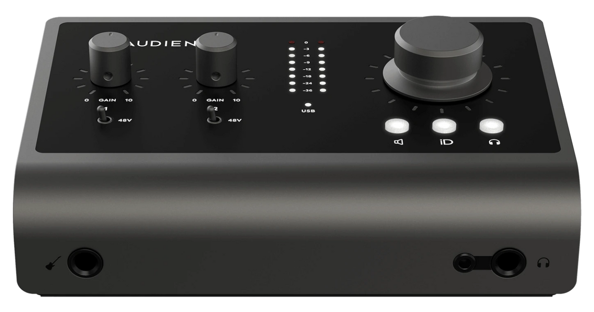 Detalle de los controles de volumen y ganancia de la Audient iD14.