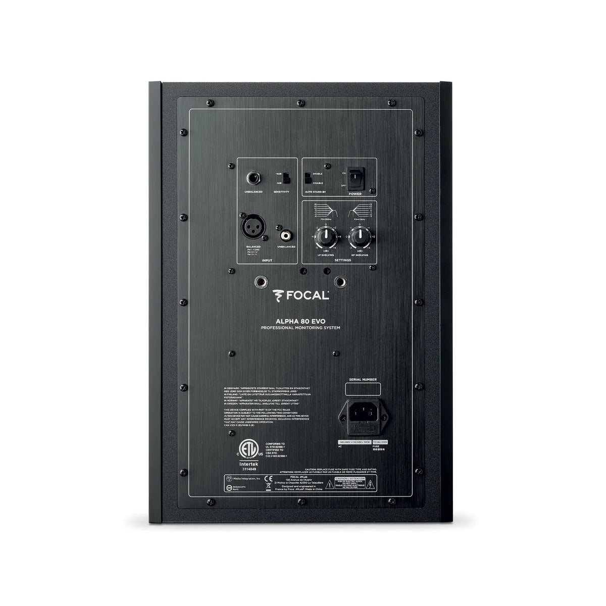 Vista trasera del Focal Alpha 80 EVO con entradas XLR, TRS y RCA