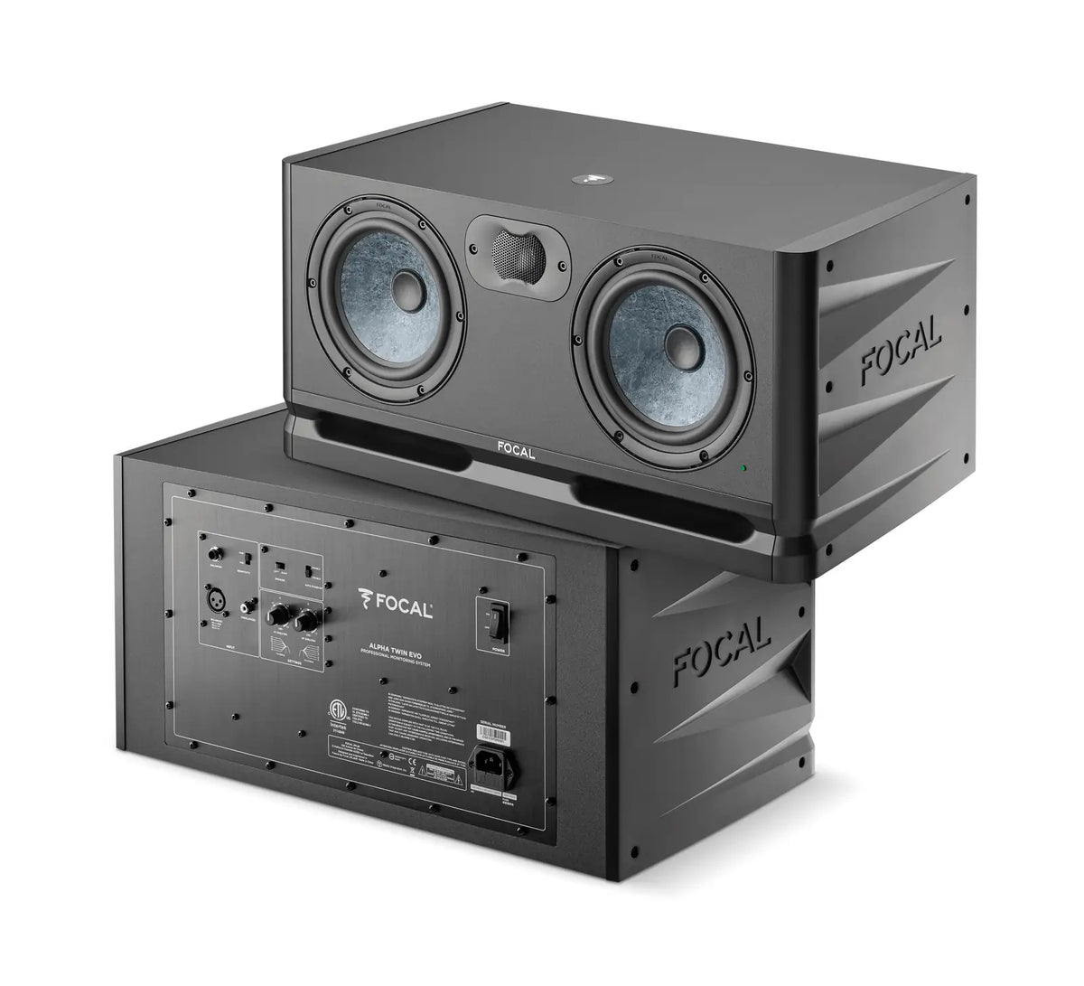 Dos monitores Focal Alpha Twin EVO apilados, vista frontal y trasera