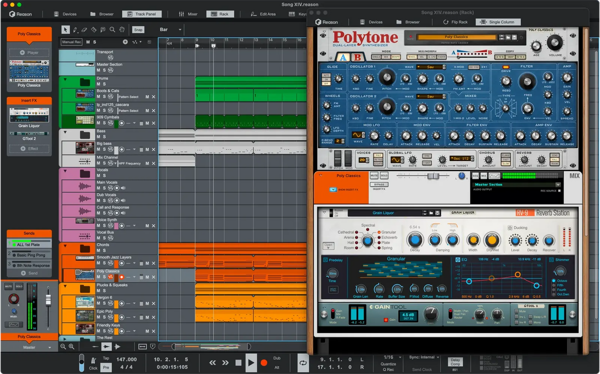 Reason 14: secuenciador con Track Panel y Rack abierto con el sintetizador Polytone