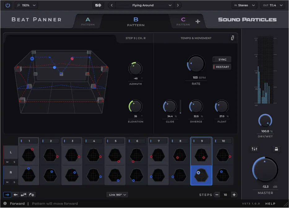 Interfaz de Beat Panner, secuenciador de paneo de Sound Particles