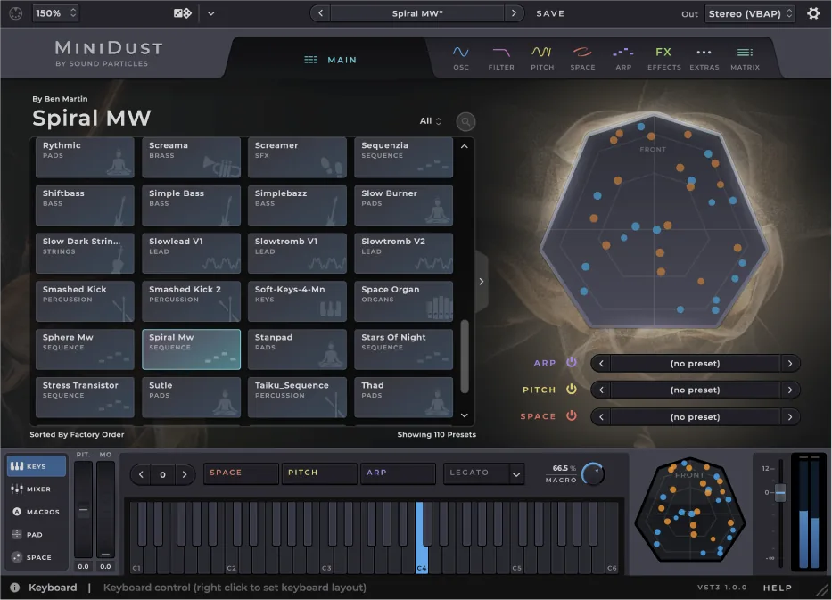 Interfaz del sintetizador MiniDust de Sound Particles