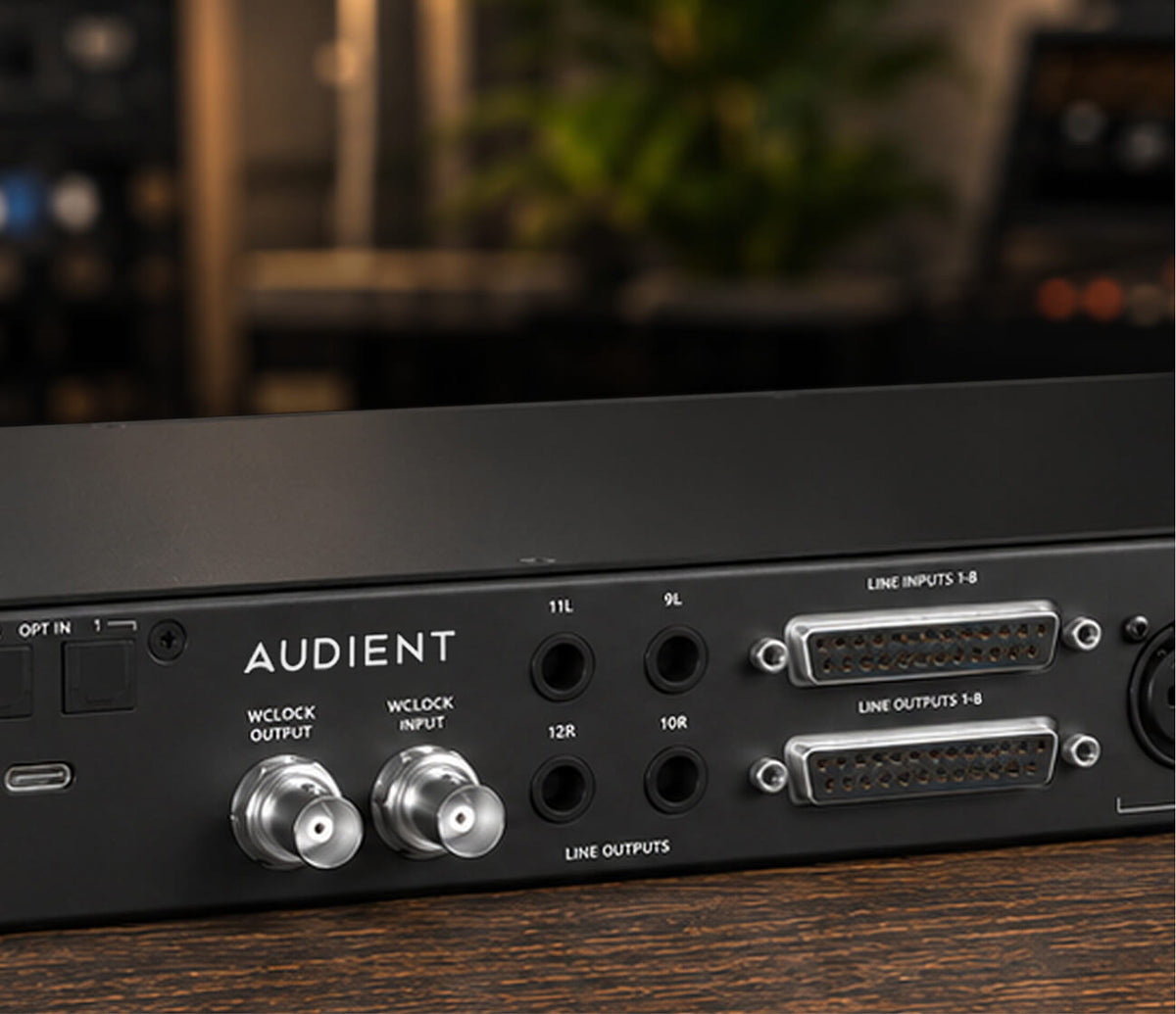 Audient Horizon 8P, detalle del panel trasero: Word Clock BNC, salidas de línea TRS y conectores DB25