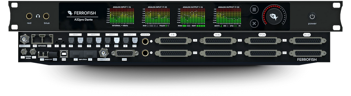 Ferrofish A32pro Dante, paneles frontal y trasero con conectores DB25, Dante, MADI y ADAT