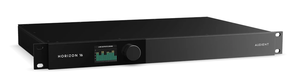 Audient Horizon 16, frente en perspectiva con pantalla de medidores