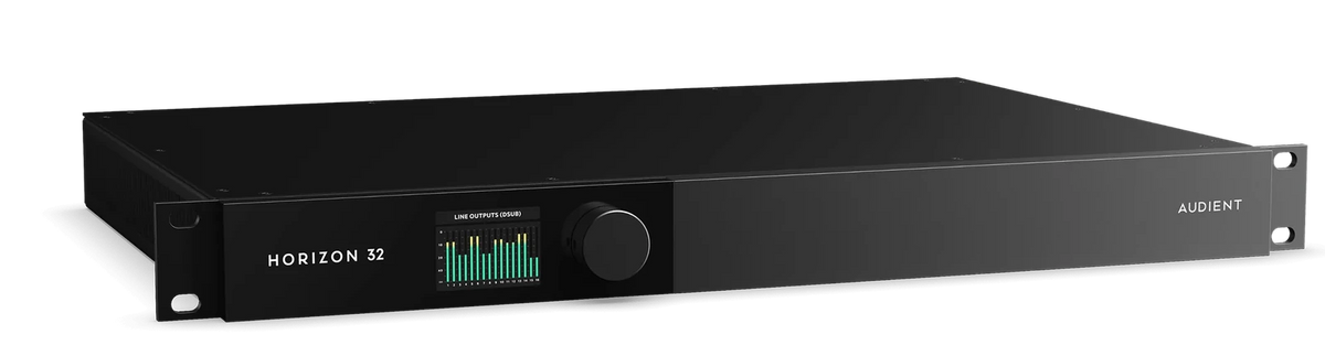 Audient Horizon 32, frente en perspectiva con pantalla de medidores