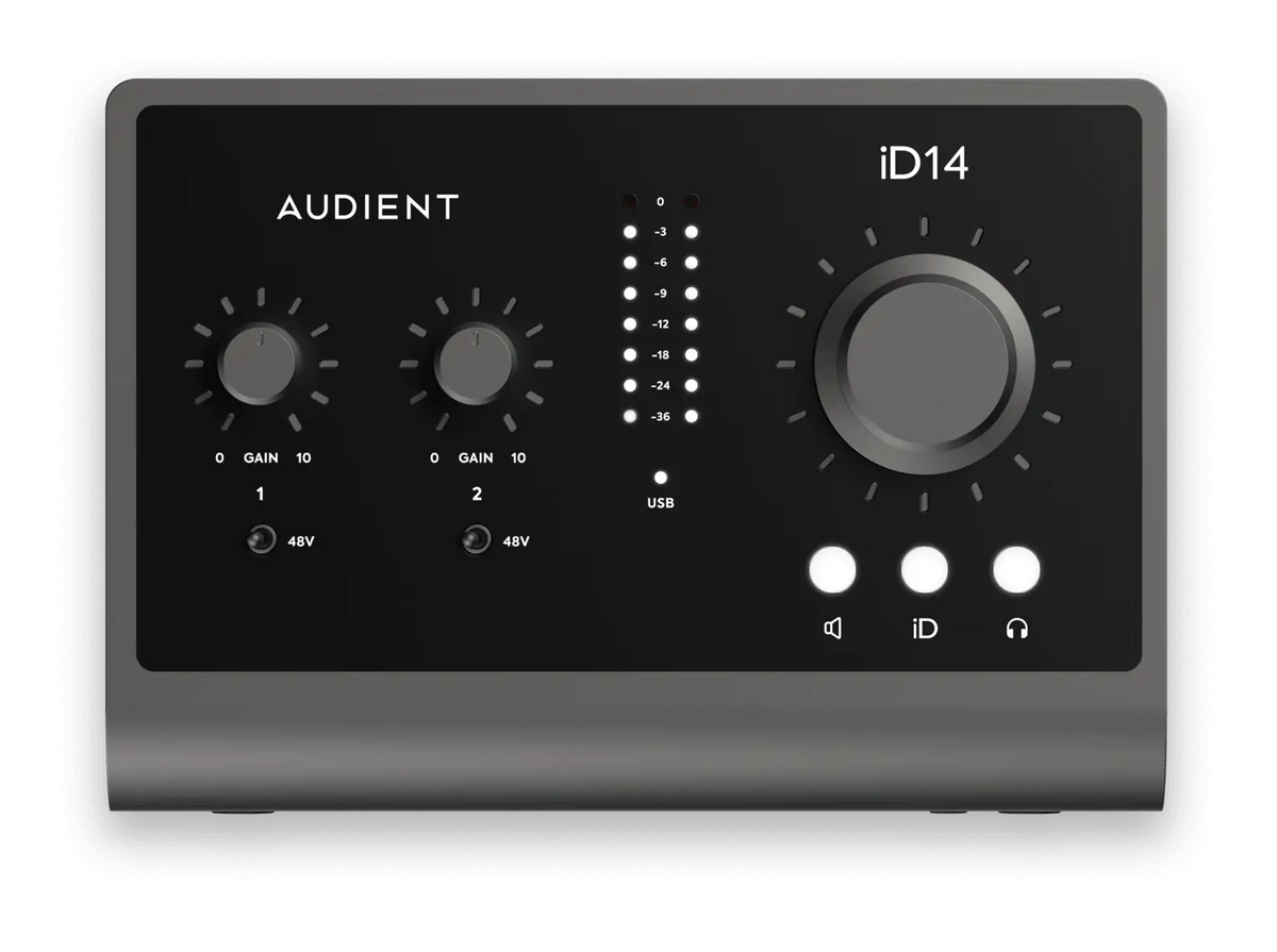 Audient iD14 junto a audífonos y monitores de estudio – configuración recomendada.