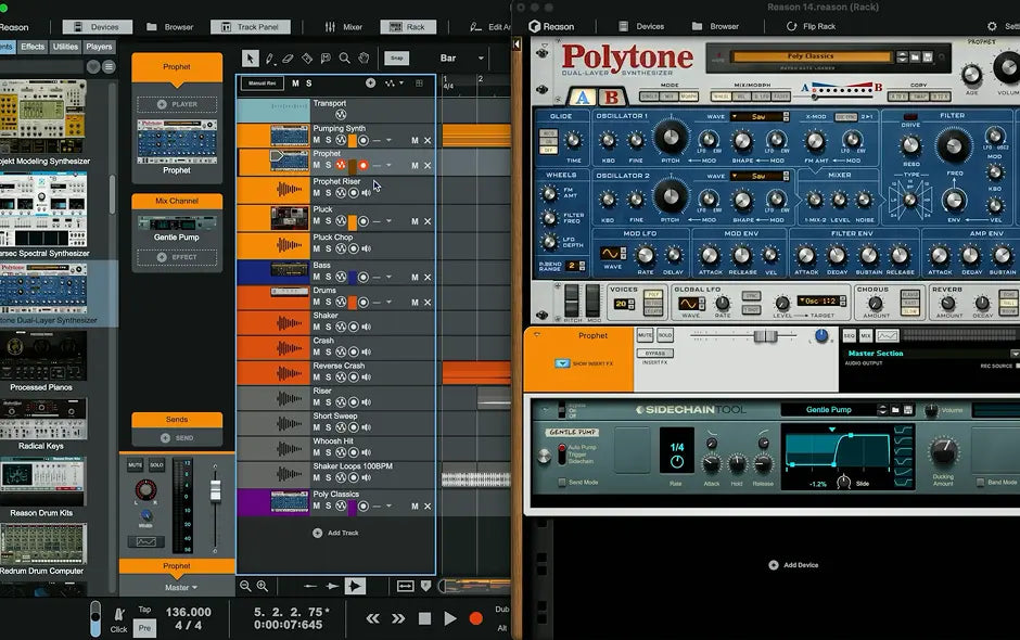 Nuevo Track Panel de Reason 14 con la cadena de dispositivos de la pista