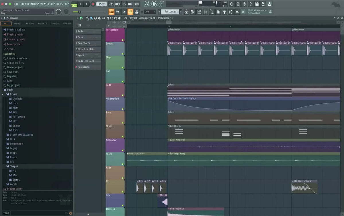 FL Studio 2026: vista de la lista de reproducción (Playlist) con un arreglo completo