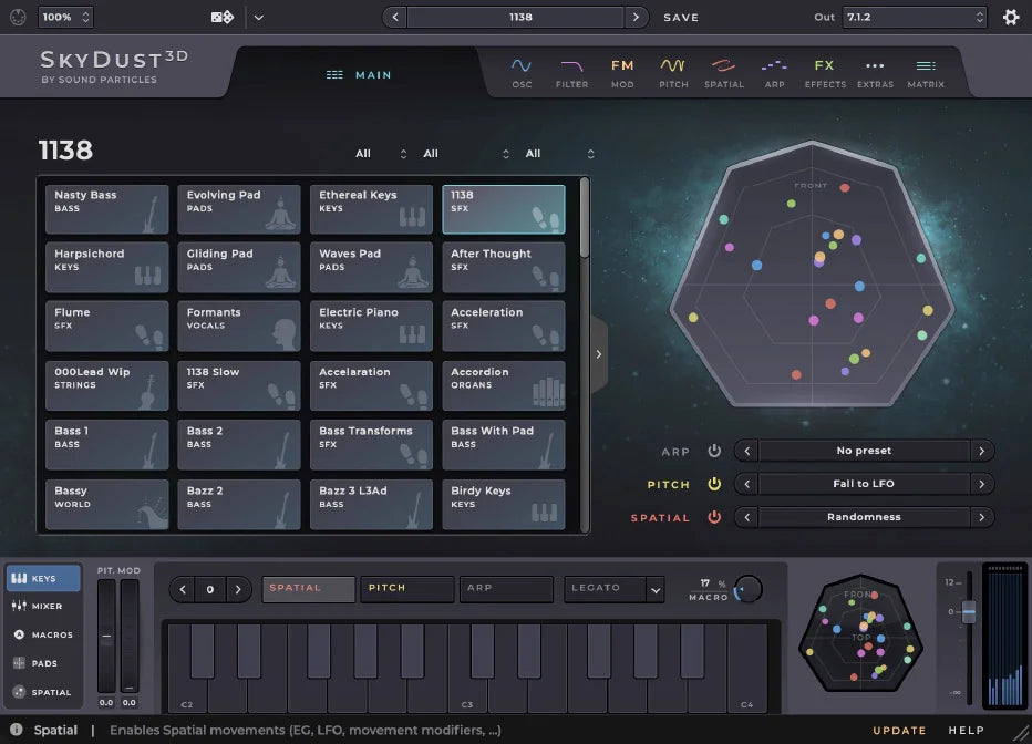 Interfaz del sintetizador espacial SkyDust 3D de Sound Particles