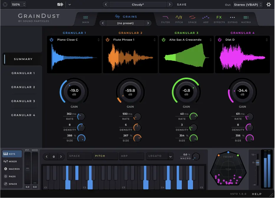 Interfaz del sintetizador granular GrainDust de Sound Particles